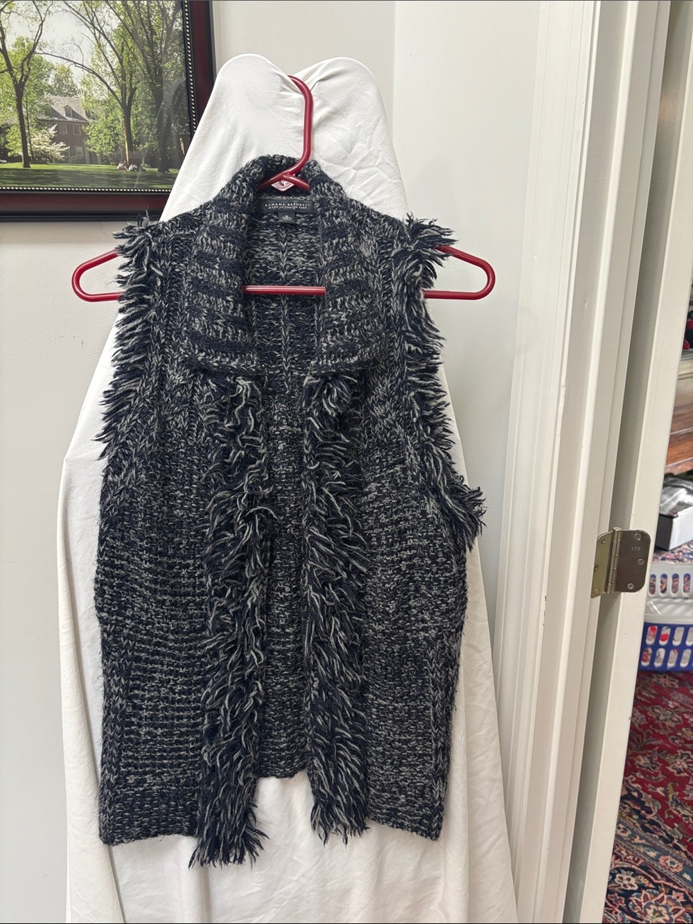 Banana Republic Black & Gray Fringe Open-Front Knit Vest Great with jeans!